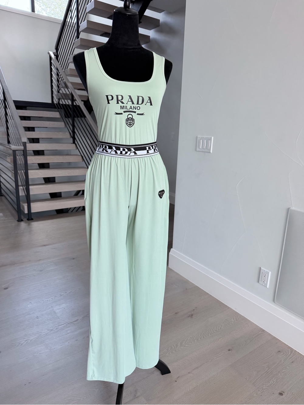 Prada Milano Mint Green Wide-Leg Pants and Matching Top Lounge set size M